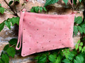 SALMON pink suede leather bag. GENUINE leather small crossbody / shoulder bag. Adjustable strap + zipper. Light pink suede purse with tacks.