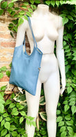 Genuine leather shoulder / crossbody bag in denim blue. Leather shopper in blue - gray. Soft natural GENUINE leather. Blue leather purse.