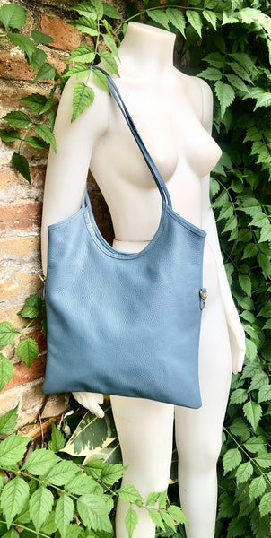 Genuine leather shoulder / crossbody bag in denim blue. Leather shopper in blue - gray. Soft natural GENUINE leather. Blue leather purse.