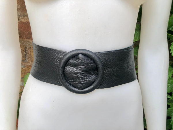Black leather waist belt with large round buckle. Boho soft leather belt in BLACK Genuine leather dress belt. Black wide leather belt.
