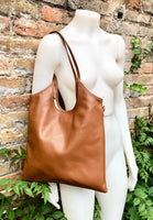 Genuine leather shoulder / crossbody bag in CAMEL brown. Leather shopper in saddle brown. Soft natural GENUINE leather. TAN leather purse.