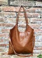 Genuine leather shoulder / crossbody bag in CAMEL brown. Leather shopper in saddle brown. Soft natural GENUINE leather. TAN leather purse.