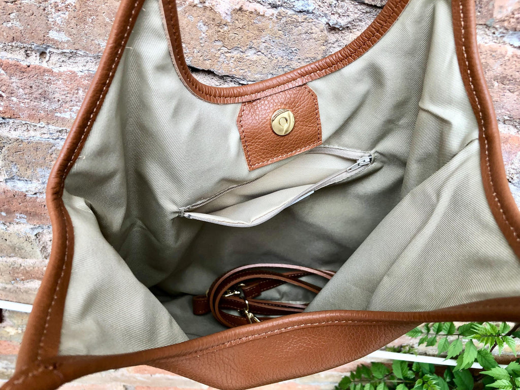 Genuine leather shoulder / crossbody bag in CAMEL brown. Leather shopper in saddle brown. Soft natural GENUINE leather. TAN leather purse.
