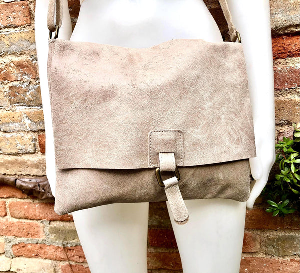 BOHO leather messenger bag in light BEIGE. Cross body bag in BEIGE suede. Soft genuine leather messenger bag.Beige leather purse