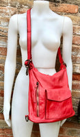Genuine leather rucksack/ shoulder bag / crossbody in RED. Soft genuine WASHED leather shopper. Distressed, vintage RED leather bag.