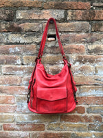 Genuine leather rucksack/ shoulder bag / crossbody in RED. Soft genuine WASHED leather shopper. Distressed, vintage RED leather bag.