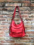 Genuine leather rucksack/ shoulder bag / crossbody in RED. Soft genuine WASHED leather shopper. Distressed, vintage RED leather bag.