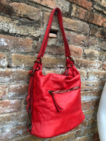 Genuine leather rucksack/ shoulder bag / crossbody in RED. Soft genuine WASHED leather shopper. Distressed, vintage RED leather bag.