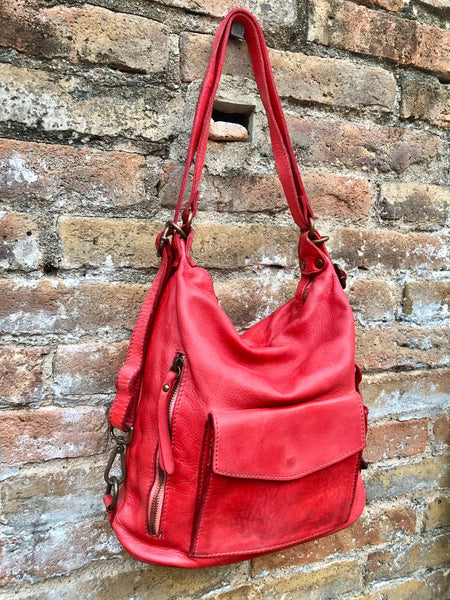 Genuine leather rucksack/ shoulder bag / crossbody in RED. Soft genuine WASHED leather shopper. Distressed, vintage RED leather bag.