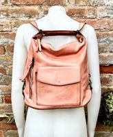Genuine leather rucksack/ shoulder bag / crossbody in PINK. Soft genuine WASHED leather shopper. Distressed, vintage PINK leather bag.