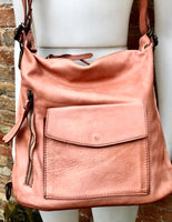 Genuine leather rucksack/ shoulder bag / crossbody in PINK. Soft genuine WASHED leather shopper. Distressed, vintage PINK leather bag.