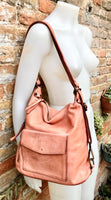 Genuine leather rucksack/ shoulder bag / crossbody in PINK. Soft genuine WASHED leather shopper. Distressed, vintage PINK leather bag.