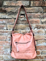 Genuine leather rucksack/ shoulder bag / crossbody in PINK. Soft genuine WASHED leather shopper. Distressed, vintage PINK leather bag.