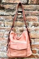 Genuine leather rucksack/ shoulder bag / crossbody in PINK. Soft genuine WASHED leather shopper. Distressed, vintage PINK leather bag.