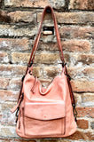 Genuine leather rucksack/ shoulder bag / crossbody in PINK. Soft genuine WASHED leather shopper. Distressed, vintage PINK leather bag.