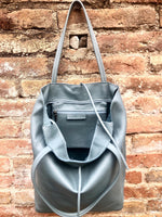 Blue - gray tote leather bag with ZIPPER. Genuine leather shopper bag. Large carry all bag for your laptop, books. Soft BLUE leather purse