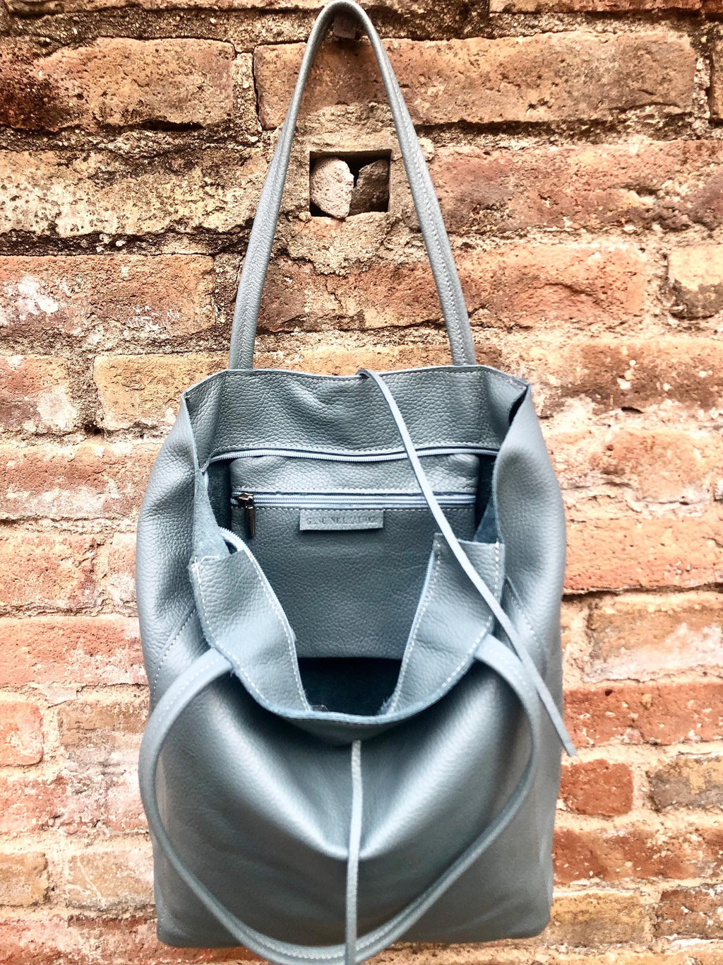 Blue - gray tote leather bag with ZIPPER. Genuine leather shopper bag. Large carry all bag for your laptop, books. Soft BLUE leather purse
