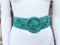 GREEN waist belt with large round buckle. Gren boho soft suede wide belt Genuine natural green suede leather. Green braided dress belt