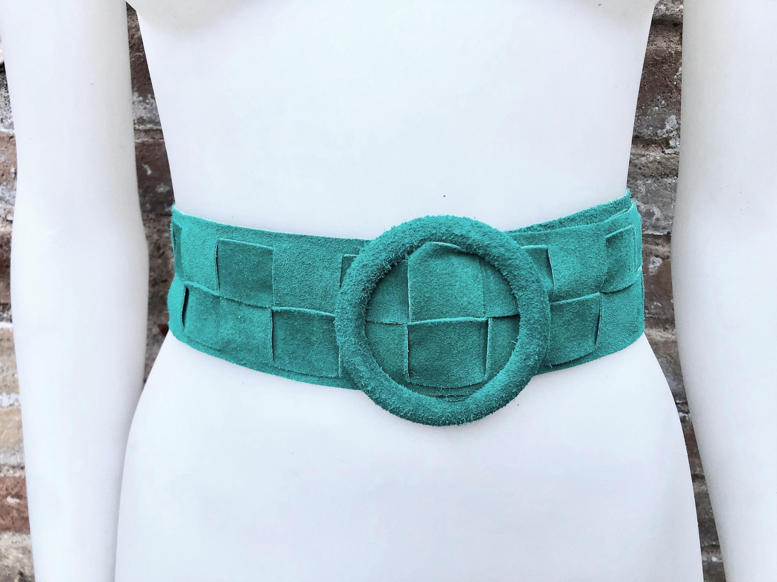 GREEN waist belt with large round buckle. Gren boho soft suede wide belt Genuine natural green suede leather. Green braided dress belt