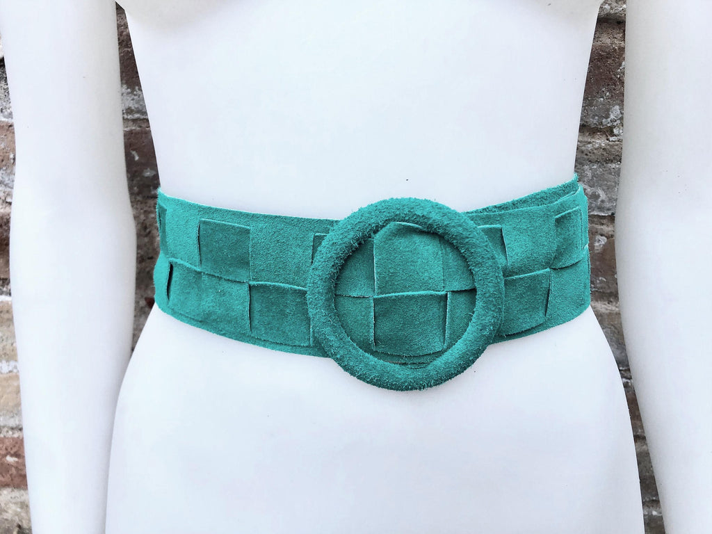 GREEN waist belt with large round buckle. Gren boho soft suede wide belt Genuine natural green suede leather. Green braided dress belt
