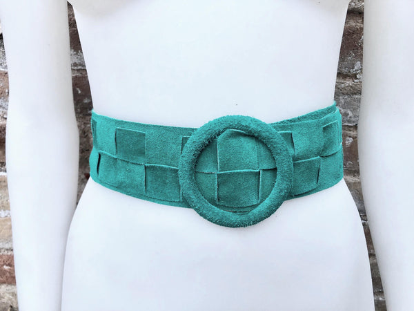 GREEN waist belt with large round buckle. Gren boho soft suede wide belt Genuine natural green suede leather. Green braided dress belt