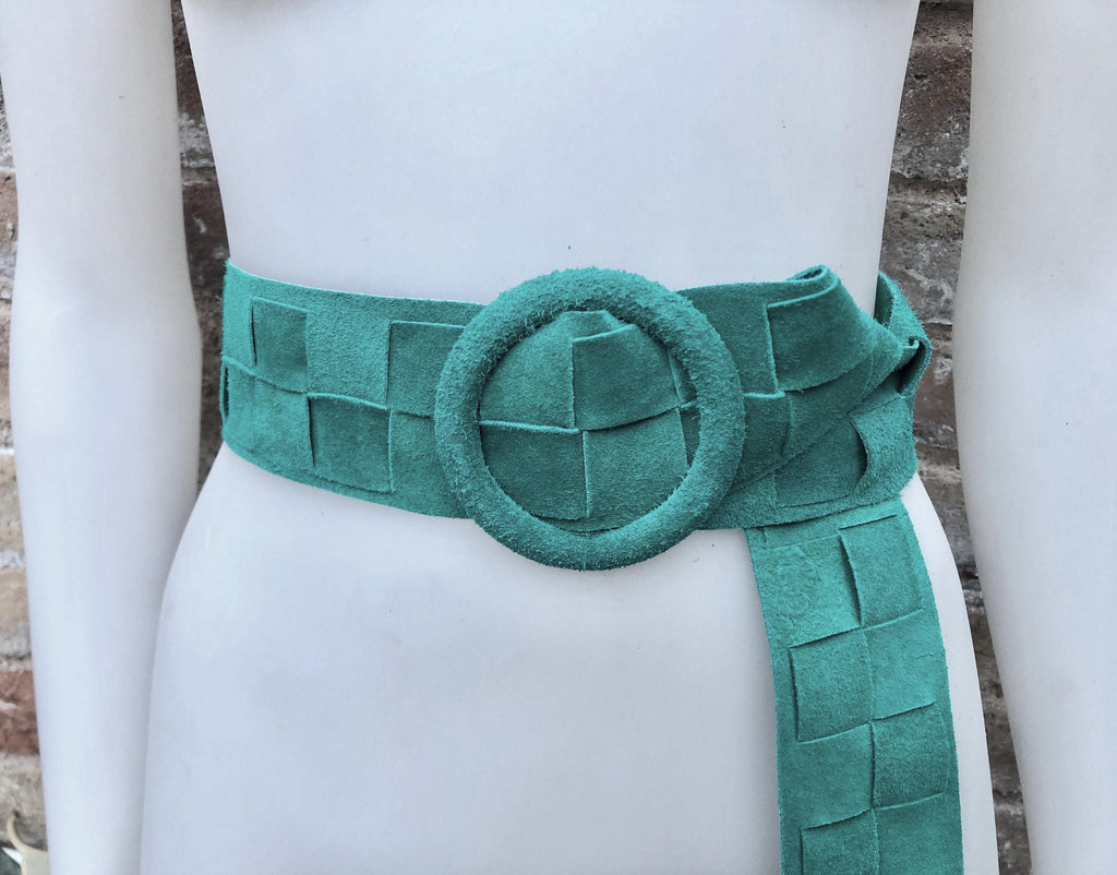 GREEN waist belt with large round buckle. Gren boho soft suede wide belt Genuine natural green suede leather. Green braided dress belt