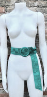GREEN waist belt with large round buckle. Gren boho soft suede wide belt Genuine natural green suede leather. Green braided dress belt
