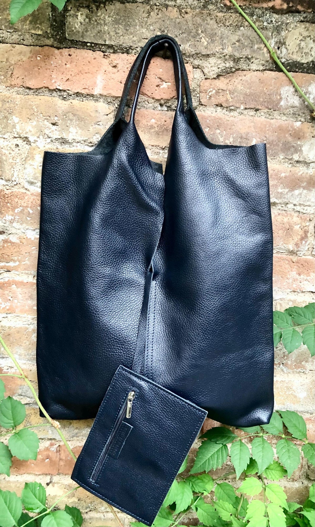 Genuine leather shoulder bag in NAVY blue. Large blue purse. Soft leather dark blue shopper bag.