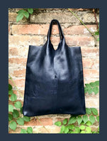 Genuine leather shoulder bag in NAVY blue. Large blue purse. Soft leather dark blue shopper bag.