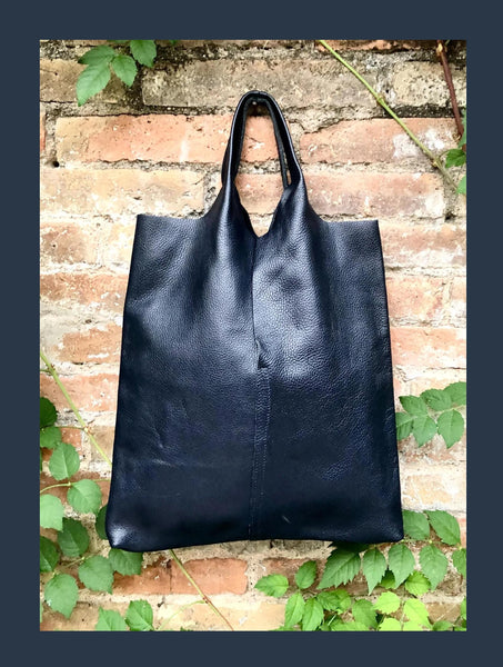 Genuine leather shoulder bag in NAVY blue. Large blue purse. Soft leather dark blue shopper bag.