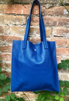 Tote leather bag in cobalt blue. Soft natural genuine leather shopper bag. Dark royal blue leather shoulder bag. Blue leather purse.