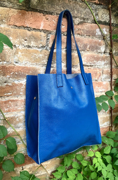 Tote leather bag in cobalt blue. Soft natural genuine leather shopper bag. Dark royal blue leather shoulder bag. Blue leather purse.