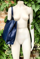 Tote leather bag in dark blue. Soft natural genuine leather shopper bag. Navy blue leather shoulder bag. Blue leather purse.