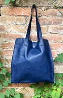Tote leather bag in dark blue. Soft natural genuine leather shopper bag. Navy blue leather shoulder bag. Blue leather purse.