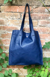 Tote leather bag in dark blue. Soft natural genuine leather shopper bag. Navy blue leather shoulder bag. Blue leather purse.