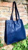 Tote leather bag in dark blue. Soft natural genuine leather shopper bag. Navy blue leather shoulder bag. Blue leather purse.