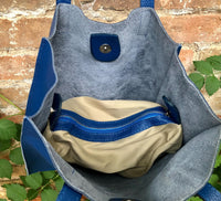 Tote leather bag in dark blue. Soft natural genuine leather shopper bag. Navy blue leather shoulder bag. Blue leather purse.