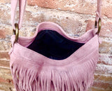 Cross body bag. BOHO suede leather bag in dark beige with FRINGES. Larger model. Genuine leather light brown - taupe crossbody hippy bag .
