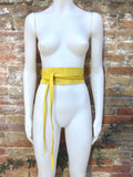 Bright YELLOW obi belt in suede. Wrap belt in genuine leather. Wraparound belt in YELLOW color, Wide waistbelt in soft suede. Dress belt