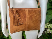 Suede leather bag in CAMEL BROWN Cross body bag, shoulder bag in GENUINE leather. Small leather bag with adjustable strap and zipper.