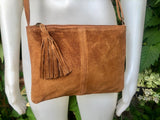 Suede leather bag in CAMEL BROWN Cross body bag, shoulder bag in GENUINE leather. Small leather bag with adjustable strap and zipper.