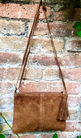 Suede leather bag in CAMEL BROWN Cross body bag, shoulder bag in GENUINE leather. Small leather bag with adjustable strap and zipper.