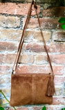 Suede leather bag in CAMEL BROWN Cross body bag, shoulder bag in GENUINE leather. Small leather bag with adjustable strap and zipper.