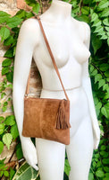 Suede leather bag in CAMEL BROWN Cross body bag, shoulder bag in GENUINE leather. Small leather bag with adjustable strap and zipper.