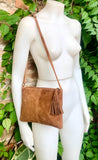 Suede leather bag in CAMEL BROWN Cross body bag, shoulder bag in GENUINE leather. Small leather bag with adjustable strap and zipper.