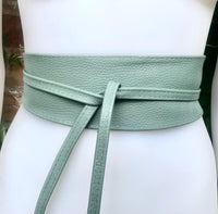 Sage green leather belt. Light green waist belt. Genuine leather wrap belt. Mint green obi belt. Green wraparound dress belt