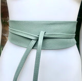 Sage green leather belt. Light green waist belt. Genuine leather wrap belt. Mint green obi belt. Green wraparound dress belt
