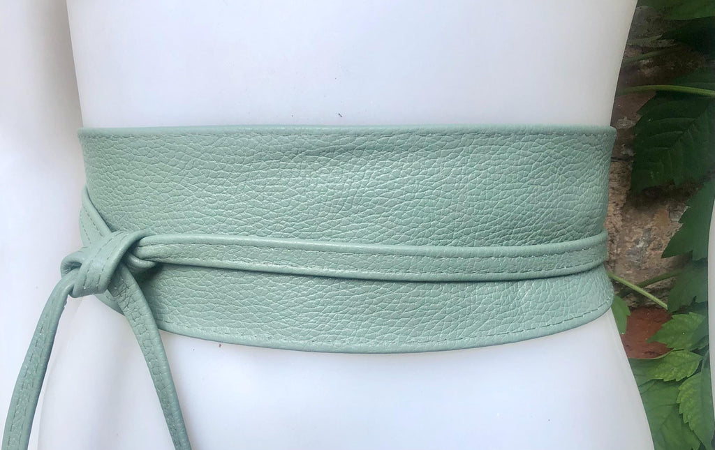 Sage green leather belt. Light green waist belt. Genuine leather wrap belt. Mint green obi belt. Green wraparound dress belt