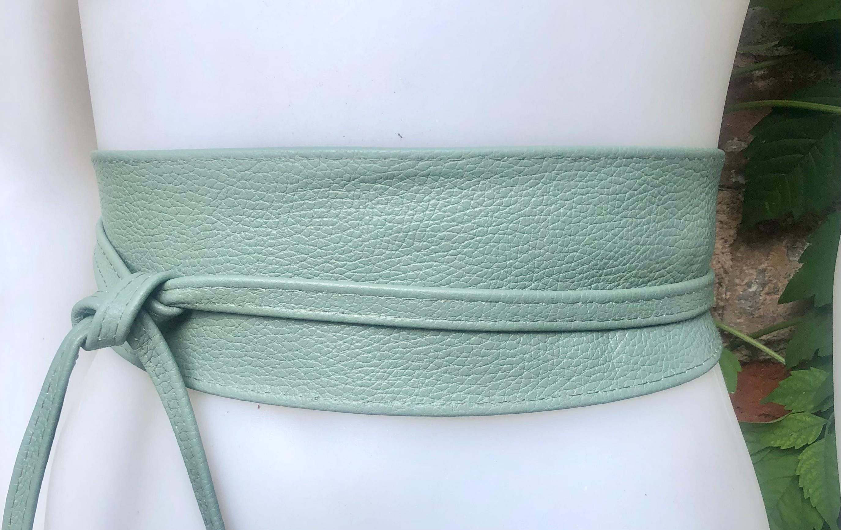 Sage green leather belt. Light green waist belt. Genuine leather wrap belt. Mint green obi belt. Green wraparound dress belt