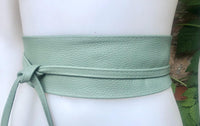 Sage green leather belt. Light green waist belt. Genuine leather wrap belt. Mint green obi belt. Green wraparound dress belt